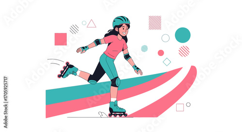 Joyful Female Inline Skater Glides Across Abstract Geometric Pink And Teal Lines