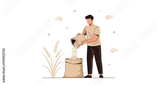 Harvesting Grain: Man Filling Sack With Harvested Seed From Burlap Bag