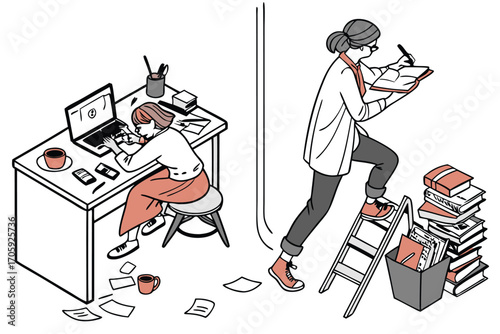 Two women in line art contrast working at desk and climbing ladder to books