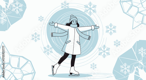 Joyful Figure Skating Display Amidst Festive Snowflakes and Icy Embellishments