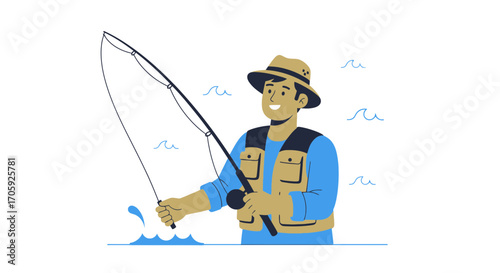Joyful Fisherman Fishing With Rod, Illustration Capturing A Sunny Moment Outdoors