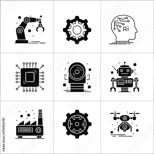 Set of nine monochrome icons depicting robotic automation, AI, and smart factory technology