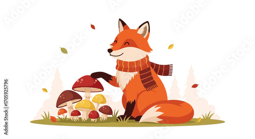 Joyful Fox Adorned With Scarf Interacts With Colorful Mushrooms In Autumnal Scenery