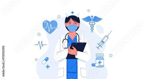 Healthcare Professional With Medical Symbols And Equipment Focused On Patient Welfare And Treatment