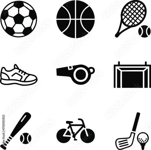 Set of sport icons including football, basketball, tennis, running shoe, whistle, goalpost, baseball, bicycle, and golf