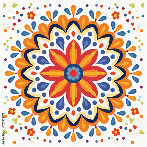 Vibrant Orange And Blue Floral Mandala Pattern On White Background