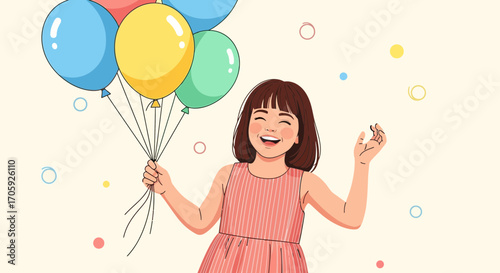 Joyful Girl Holds Colorful Balloons, Celebrating A Moment With Delightful Happiness
