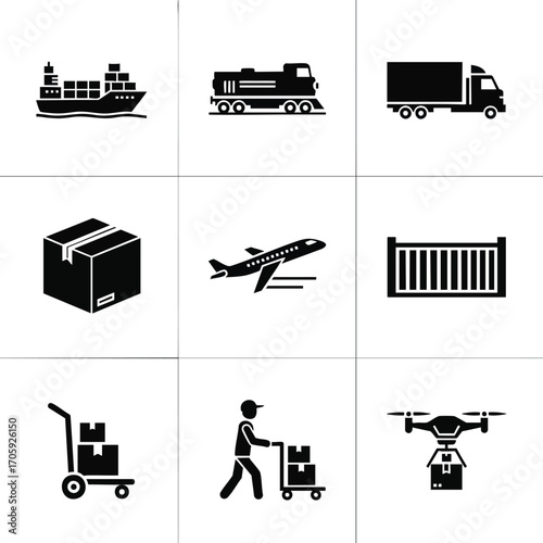 Shipping and logistics icons isolated on white. Includes ship, train, truck, box, airplane, cargo container, hand truck and drone