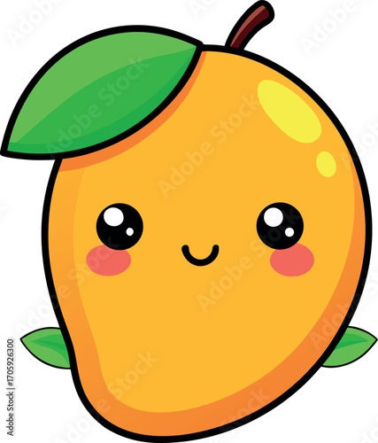 Vector art of cute cartoon mango character with happy face and leaves, transparent background
