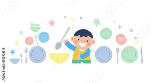 Joyful Illustration Depicting Dinner Time And A Cheerful Child Ready To Eat