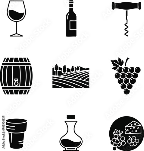 Sleek black and white vector icons for wine and winemaking. This set features a wine glass, bottle, corkscrew, barrel, vineyard, and grapes