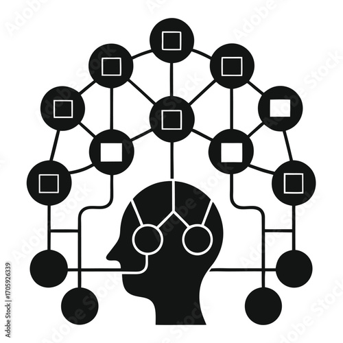 Black head silhouette connects to a network of circles and squares above it