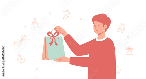 Joyful Human Presenting Decorative Gift Bag With Christmas Festive Holiday Elements