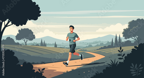 Healthy Person Jogging On A Winding Path Throught A Scenic Landscape For Exercise