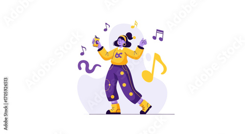 Joyful Individuality: A Woman Basking in Musical Melodies and Energetic Rhythm