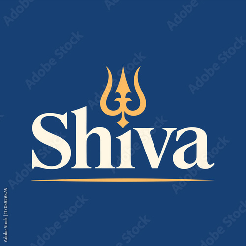 Vector art of elegant shiva logo design featuring a trident symbol above the name in a classic font, conveying strength and tradition for a spiritual or cultural brand