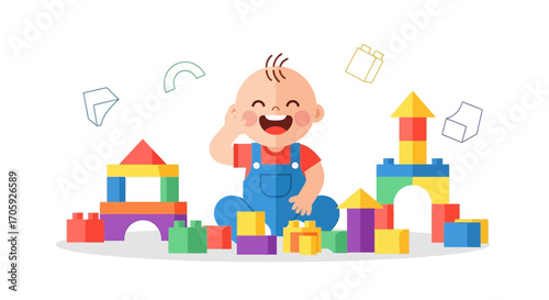 Joyful Infant Playing With Building Blocks in A Playful and Colorful Illustration