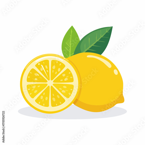 Fresh Yellow Lemon and Cross Section with Leaves on White