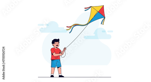 Joyful Kid Enjoying Flying Colorful Kite In The Sky On A Sunny Day Design