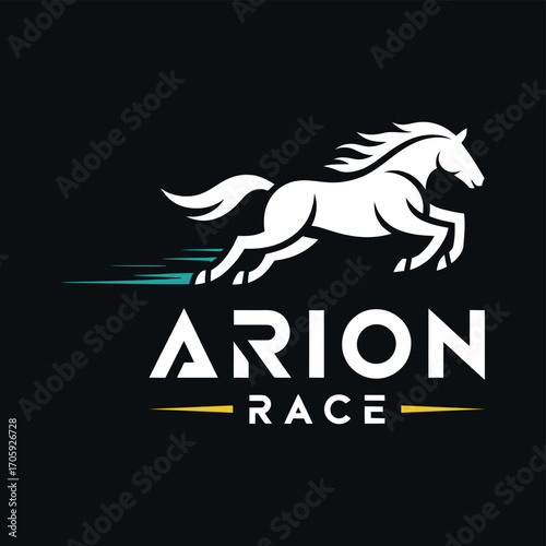 Vector art of arion race logo featuring a white horse jumping with a blue trail on a, perfect for branding, advertising, and marketing materials
