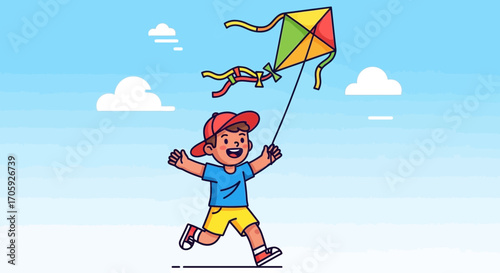 Joyful Kid Enjoying Outdoor Pastime Flying Colorful Kite Against a Blue Sky
