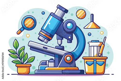 Microscope with magnifying glass, plant, funnel, test tubes, and bucket are brightly illustrated