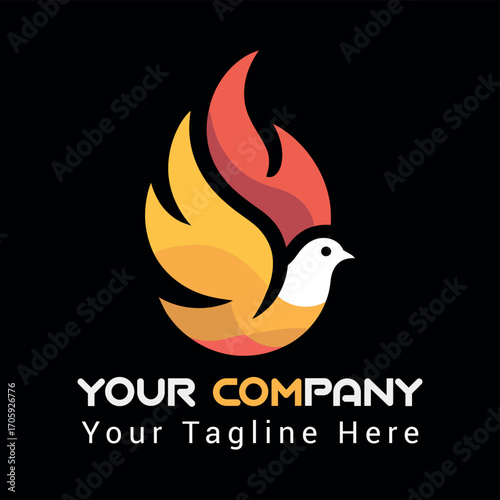 Vector art of elegant bird logo with flame wings on a, ideal for company branding, advertising, and marketing materials, conveying passion and creativity