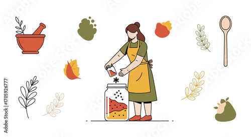 Herbalist Preparing Natural Remedies With Herbs, Spices, And Natural Elements