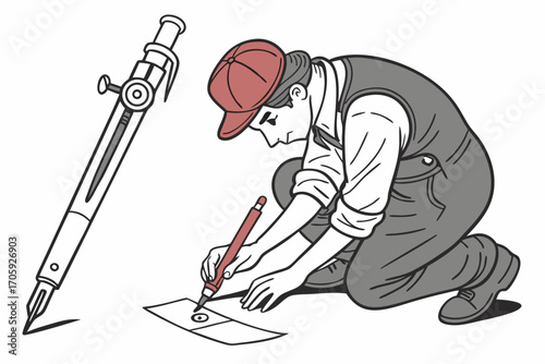 Crouching architect draws architectural blueprint with technical drawing compass and pencil, creating detailed designs
