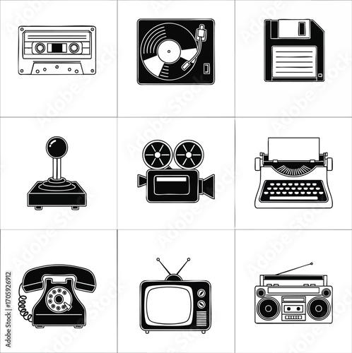Stylized black and white icons representing retro technology and obsolete media devices. This collection evokes nostalgia and historical concepts