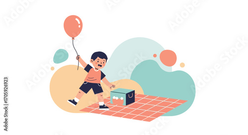 Joyful Kid With Balloon Playing In The Fun Picnic Area, Illustration Style