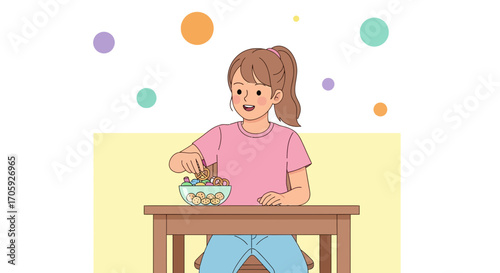 Joyful Lady Selecting Treats from Bowl During Refreshment Time on Table