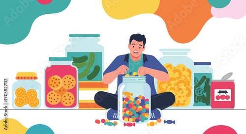 Joyful Man Arranging Assorted Candies And Preserved Food Jars With Modern Graphic Style