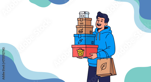 Joyful Man Carrying Packages, Delivering Food And Merchandise, Happy With The Service Provided