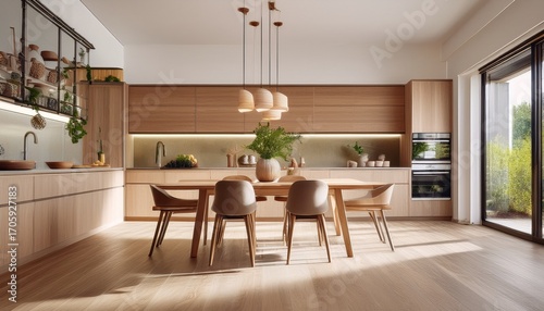 modern kitchen interior with table and wooden design featuring elegant furniture and spacious hardwood floors in a contemporary living space