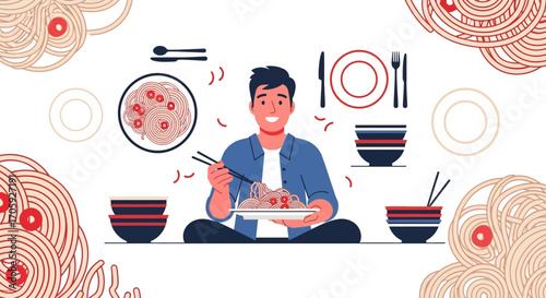 Joyful Man Enjoying Delicious Pasta Meal with Chopsticks in Decorative Illustrated Style