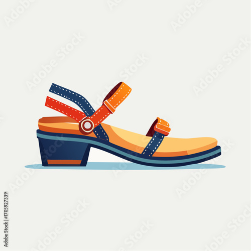 Orange and Blue Leather Low Heel Sandal on White Background
