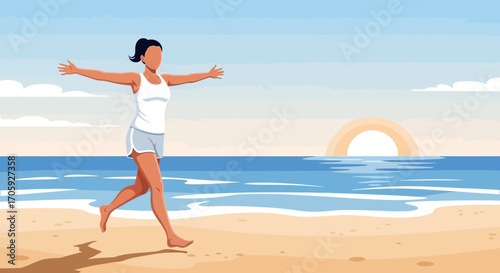 Joyful Moment: Woman Sprinting on Beach Towards Sunlight at Beautiful Seaside Scene