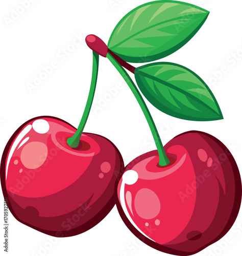 Vector art of pair of ripe red cherries with green leaves and stem, transparent background