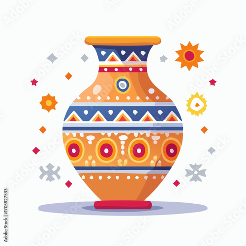 Pixel Art Orange Clay Vase with Geometric Patterns