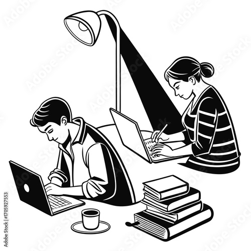 Focused young professionals work diligently using laptops with coffee, books, and a modern lamp
