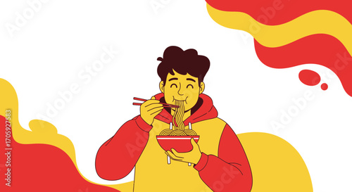 Joyful Person Dining on Noodles in an Asian Cuisine Illustration with Abstract Background
