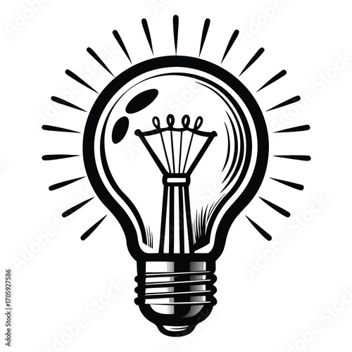 lightbulb emits light shown in black and white on a simple background