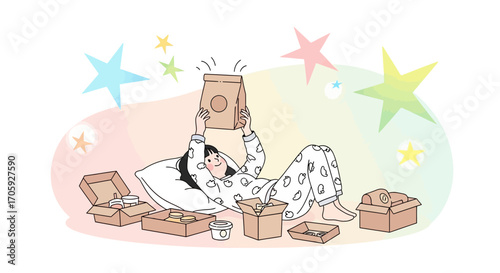 Joyful Person Celebrating Takeout Meal Delivery Illustration Among Colorful Starbursts