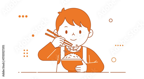 Joyful Person Eating Rice From Bowl With Chopsticks, Minimalist Orange Illustration