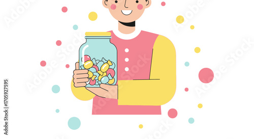 Joyful Person Holding a Glass Jar Filled With Colorful Candy and Smiles Happily