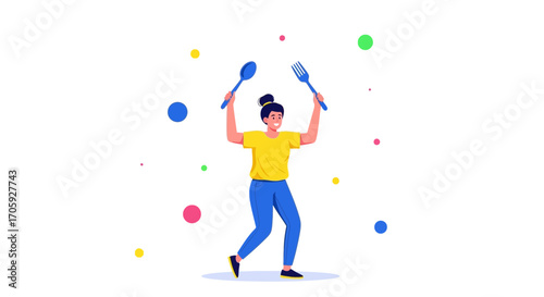Joyful Person Rejoices With Kitchen Utensils, Illustrating Celebration and Culinary Joy