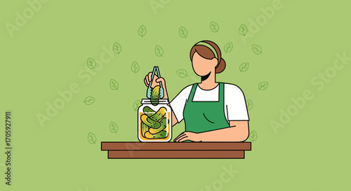 Homemade Pickles: Woman Canning Delightful Cucumbers into Glass Jars for Preservation