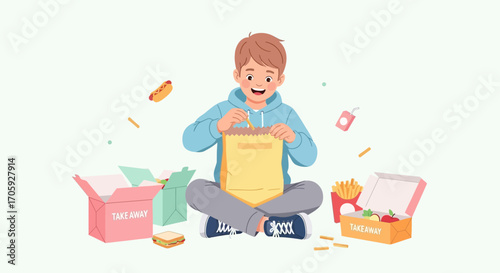 Joyful Person Unpacks Takeaway Meal, A Delightful Illustration of Fast Food Indulgence