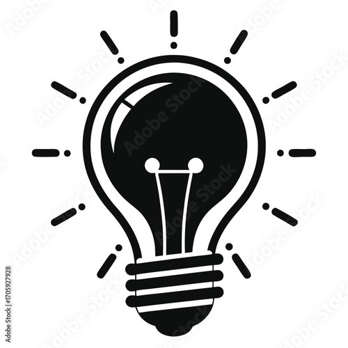 A black and white lightbulb emits radiant dashes, showcasing an innovation concept